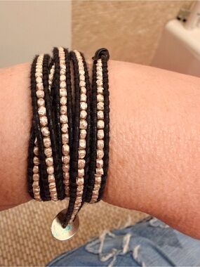 Chan Luu Black Leather Multi-Row Wrap Bracelet with Silver Beads